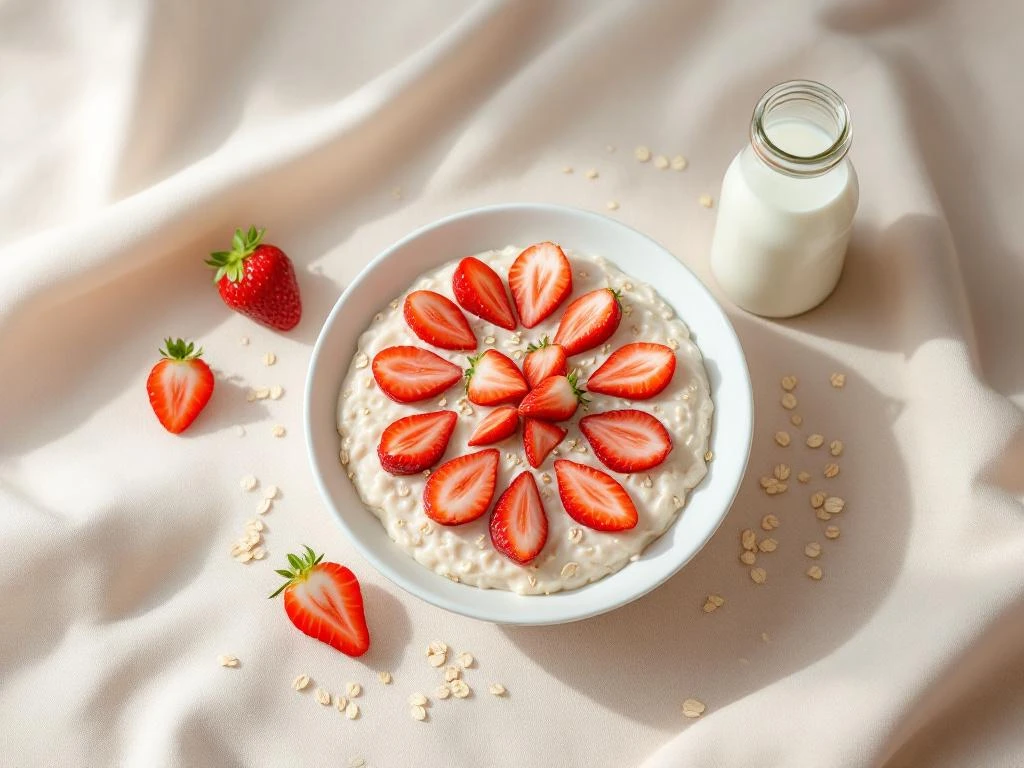 Overhead view of oatmeal bowl with sliced strawberries in geometric pattern on beige linen with lactose-free milk