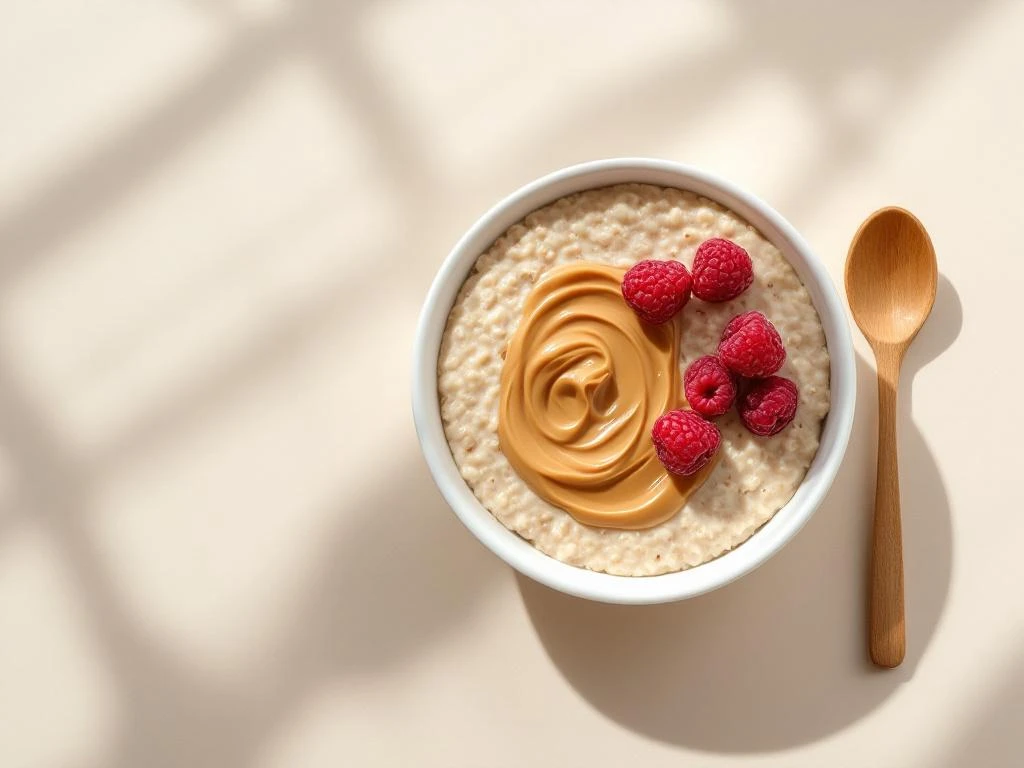 Oatmeal bowl with peanut butter swirl and fresh raspberries, overhead view with wooden spoon on neutral background