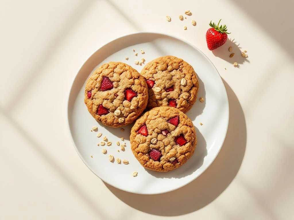 Three golden oatmeal strawberry cookies on white plate with fresh strawberry and oat flakes, overhead view