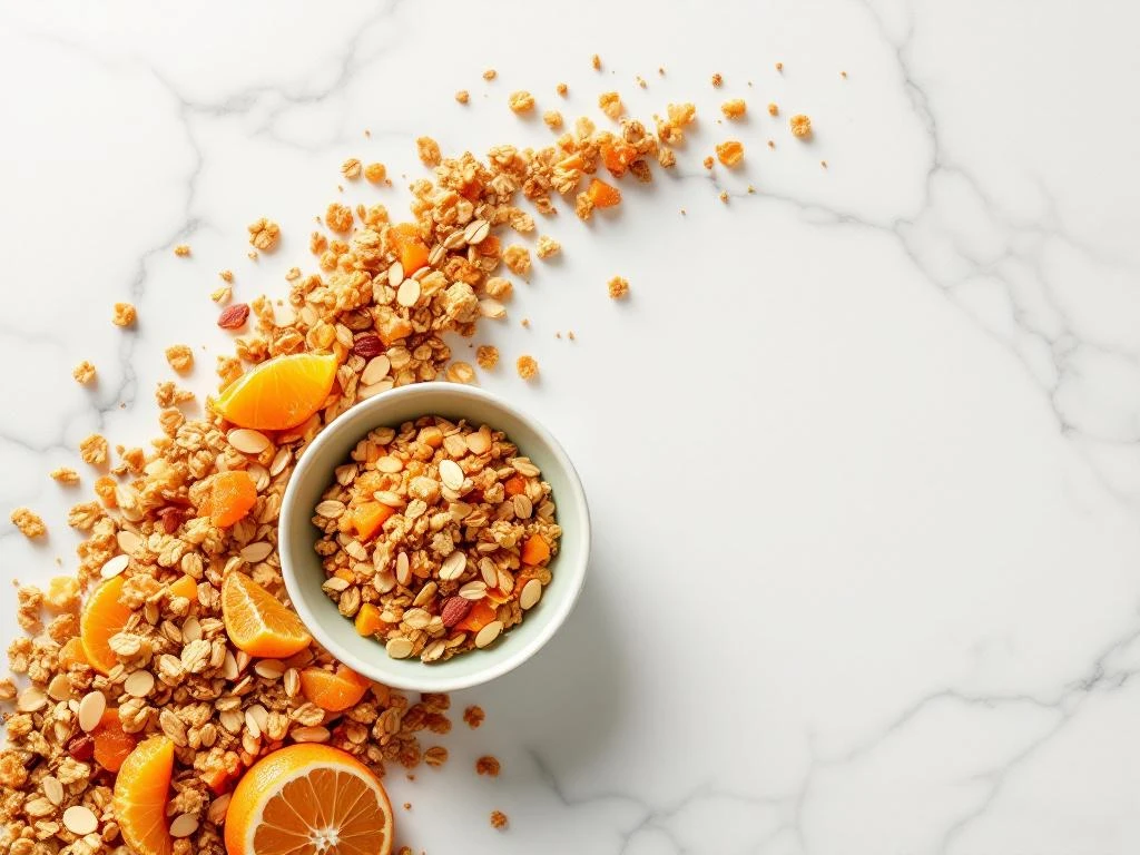 Orange almond granola scattered in an arc on white marble with a sage green bowl, overhead view showing texture and clusters