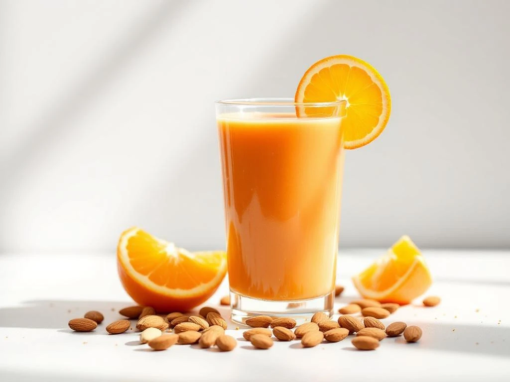 Orange smoothie in glass garnished with almond and citrus wheel, surrounded by almonds and orange segments on white surface