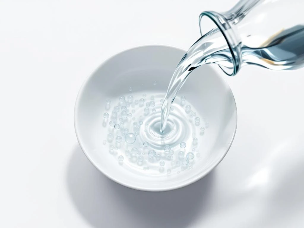 Glass beaker pouring clear water into white ceramic bowl with translucent bubbles, overhead minimalist view on white background