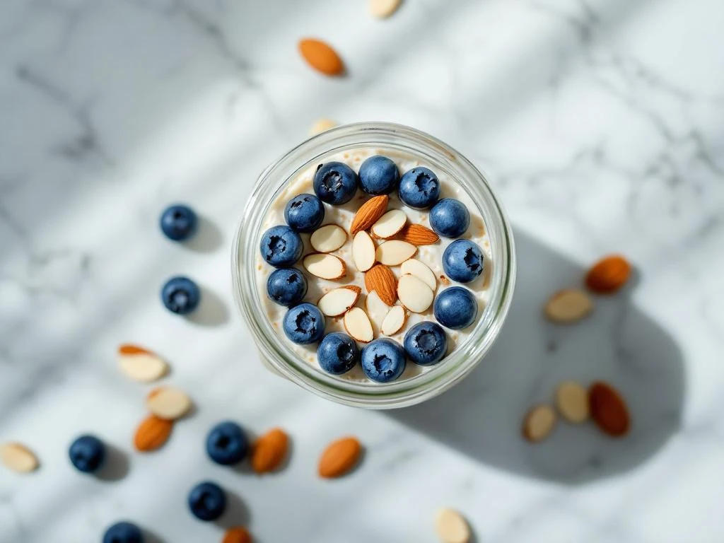 Overhead view of overnight oats in glass jar topped with blueberries and almonds on white marble surface