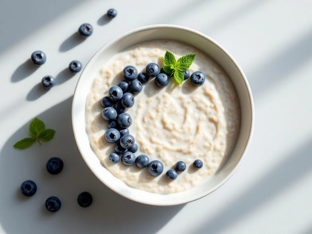 Overhead view of creamy overnight oats topped with fresh blueberries in white ceramic bowl on gray surface