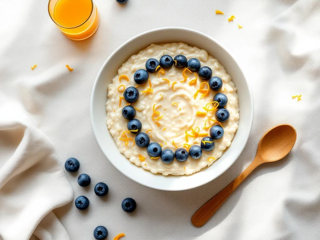 Overhead view of overnight oats with blueberries and orange zest in white bowl on linen, with orange juice glass