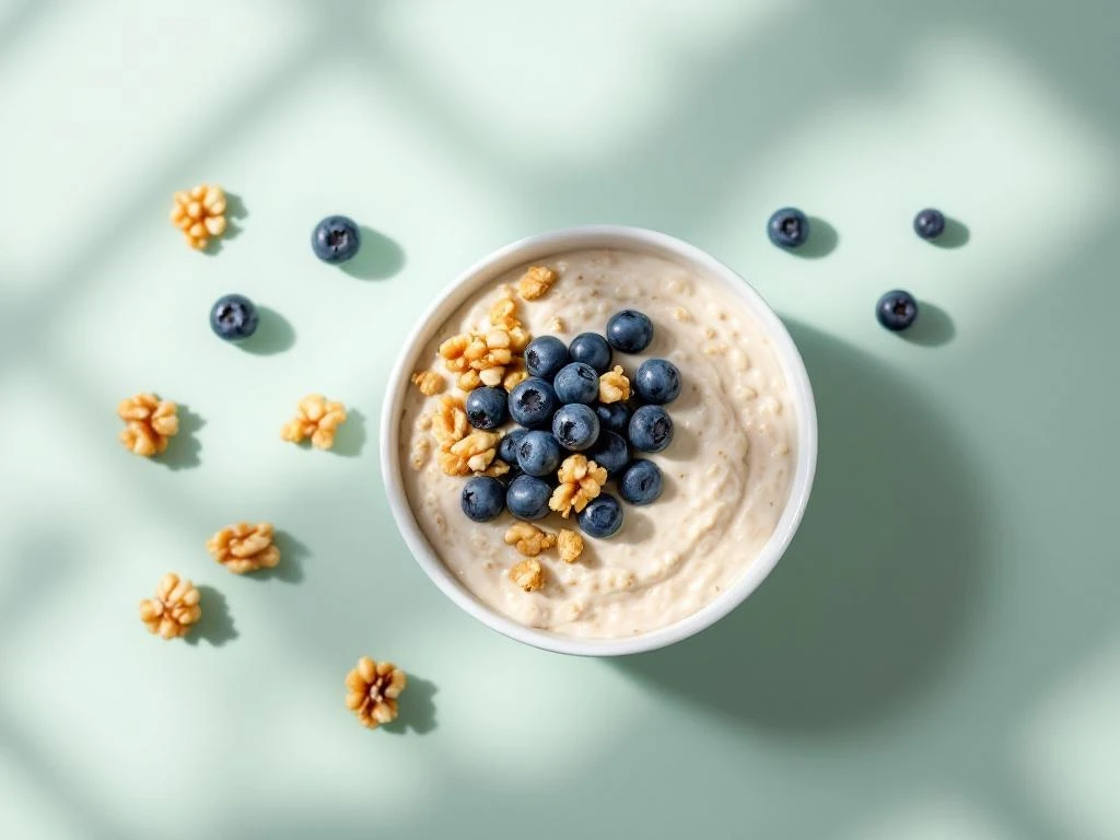 White ceramic bowl of overnight oats topped with fresh blueberries and crushed walnuts on sage-green background