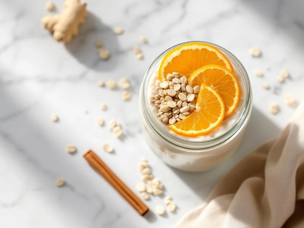 Overnight oats in glass jar topped with orange segments and crystallized ginger on white marble surface with cinnamon stick