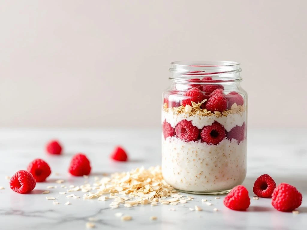 Glass jar of layered overnight oats with raspberries and coconut on white marble surface with natural lighting