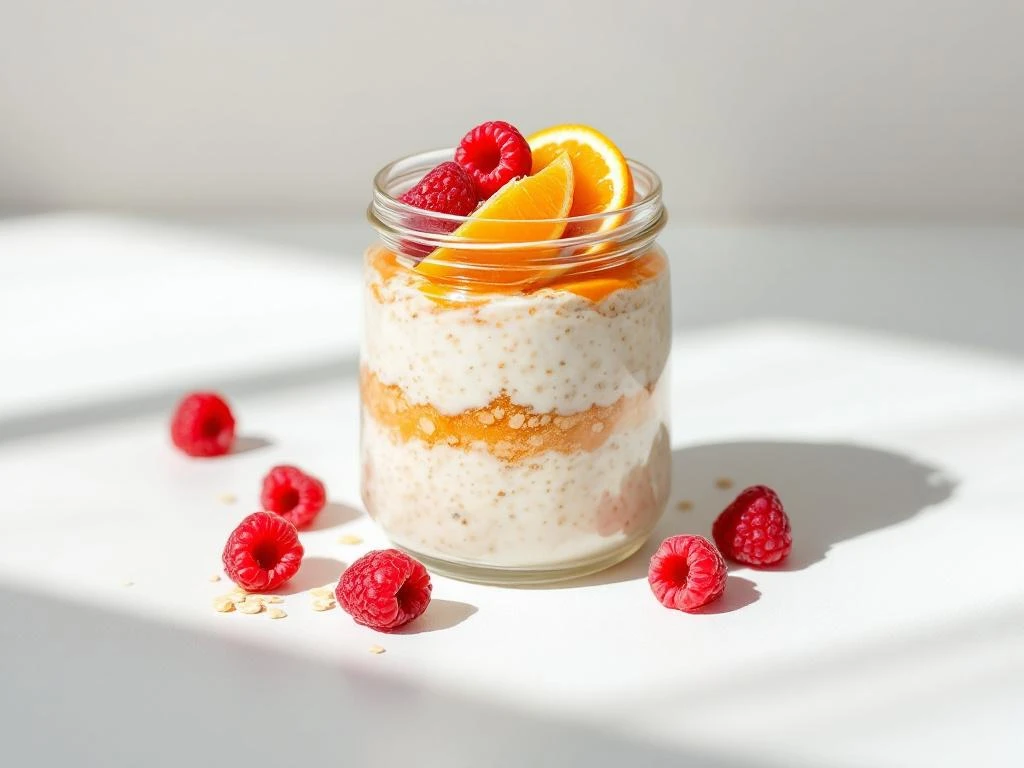 Glass jar of overnight oats topped with fresh raspberries and orange segments on white surface with fruit garnish