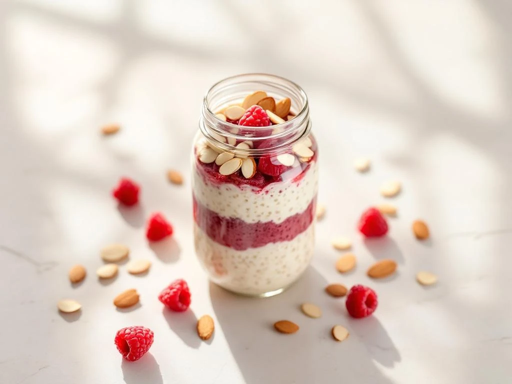 Layered overnight oats in glass jar with raspberry compote and almonds on stone surface with fresh berries