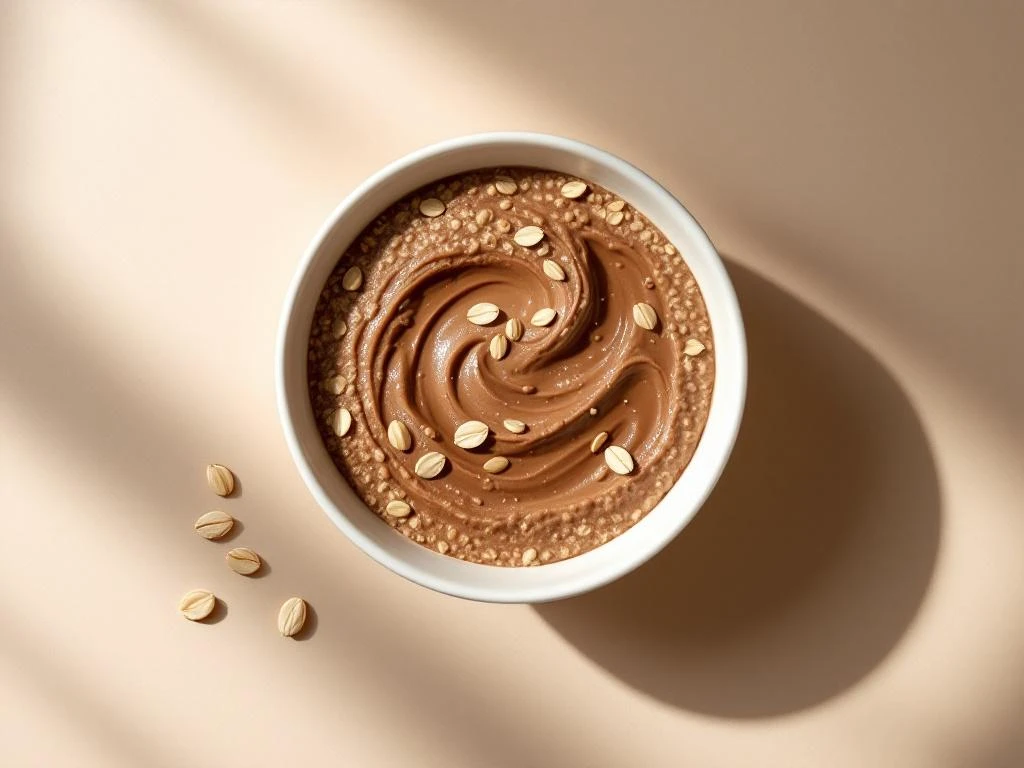 Chocolate overnight oats in white bowl with milk being poured, overhead view on beige background with oat grains