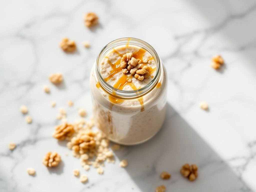 Overnight oats in glass mason jar topped with walnuts and maple syrup drizzle on white marble surface