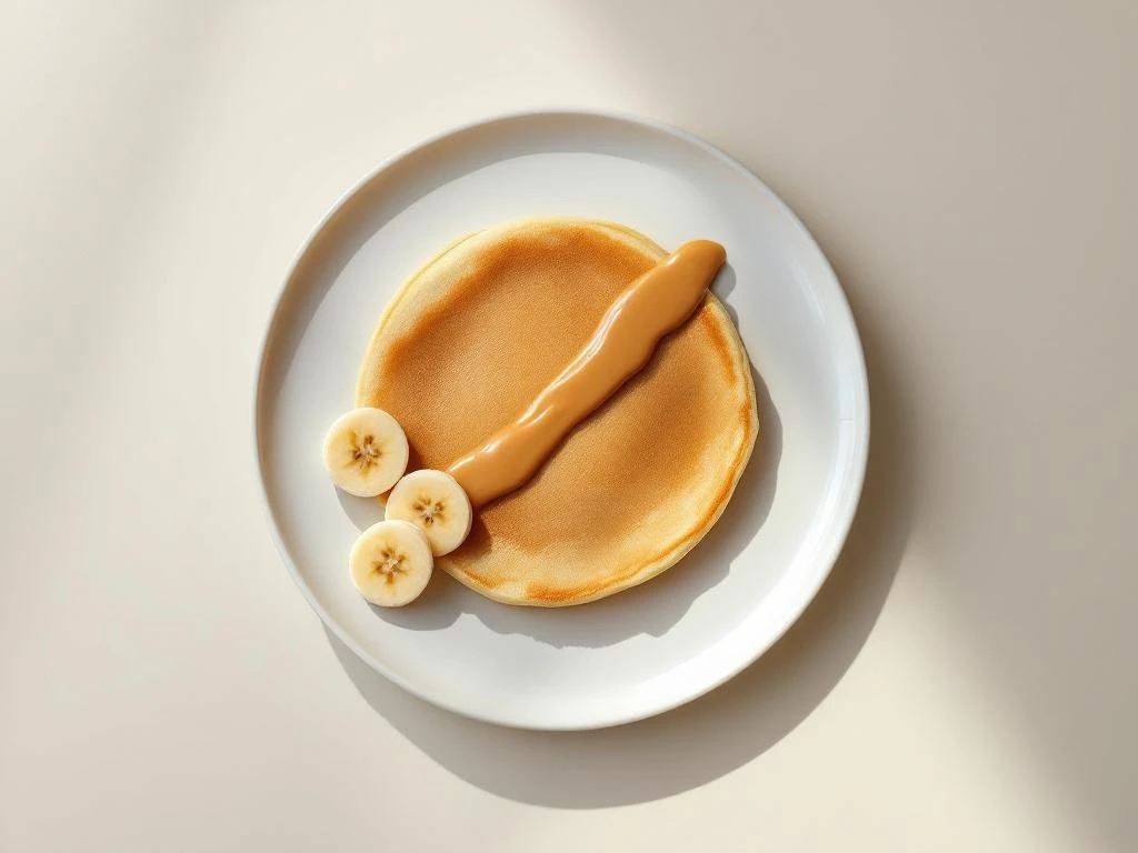 Golden pancake with peanut butter drizzle and banana slices on white plate, overhead view with minimalist styling