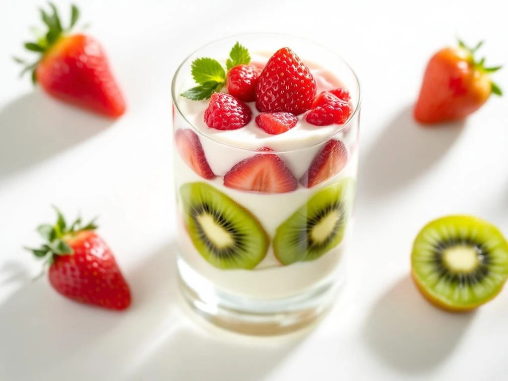 Layered strawberry and kiwi parfait with yogurt in glass, overhead view with fresh fruit on white surface