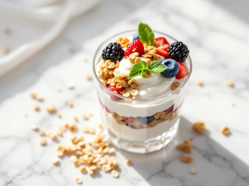 Layered parfait with coconut yogurt, granola, and berries in glass on white marble surface with mint garnish