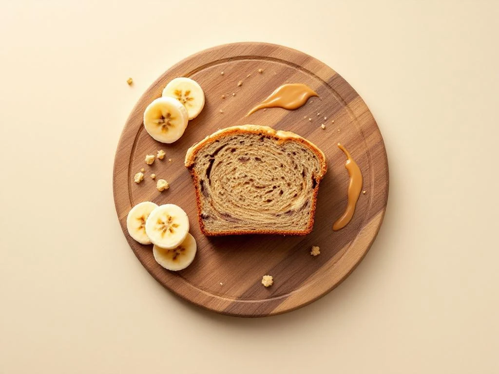 Slice of peanut butter banana bread on wooden cutting board with banana slices and peanut butter drizzle