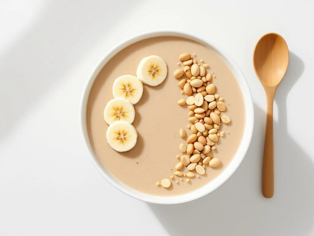 Peanut butter banana smoothie bowl topped with banana slices and peanuts on white surface with wooden spoon