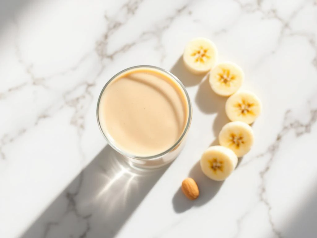 Creamy peanut butter banana smoothie in glass on white marble with banana slices and peanut garnish, overhead view