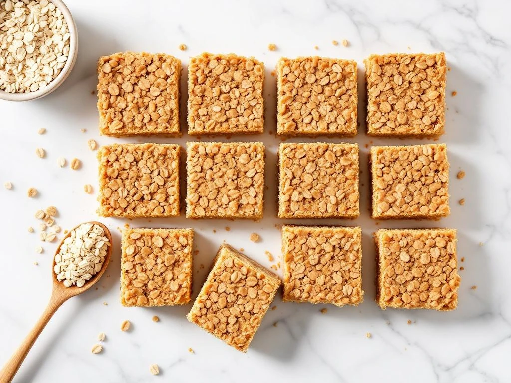 Golden-brown peanut butter oat bars arranged in grid on white marble, one bar separated showing layered cross-section