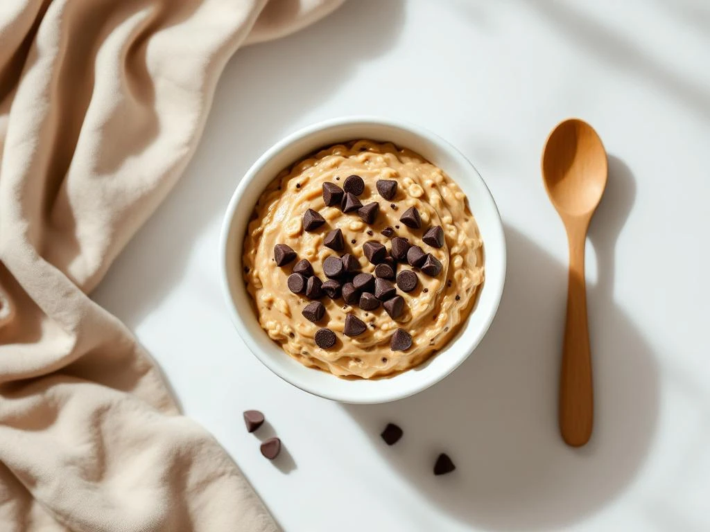 White ceramic bowl of creamy peanut butter oatmeal with chocolate chips, wooden spoon beside it on clean surface