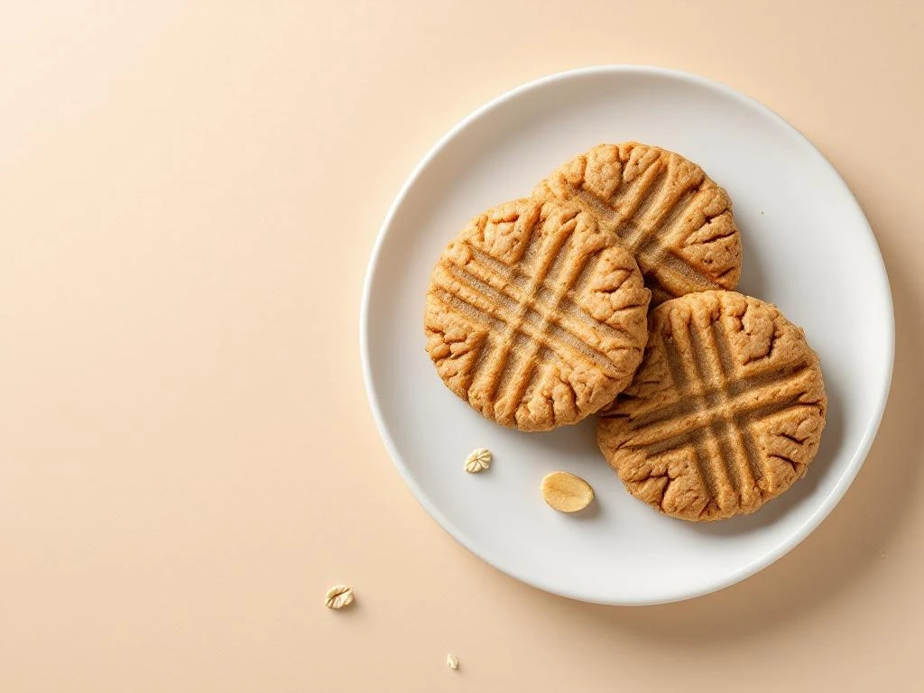 Three golden-brown peanut butter oatmeal cookies with fork patterns on white plate against beige background