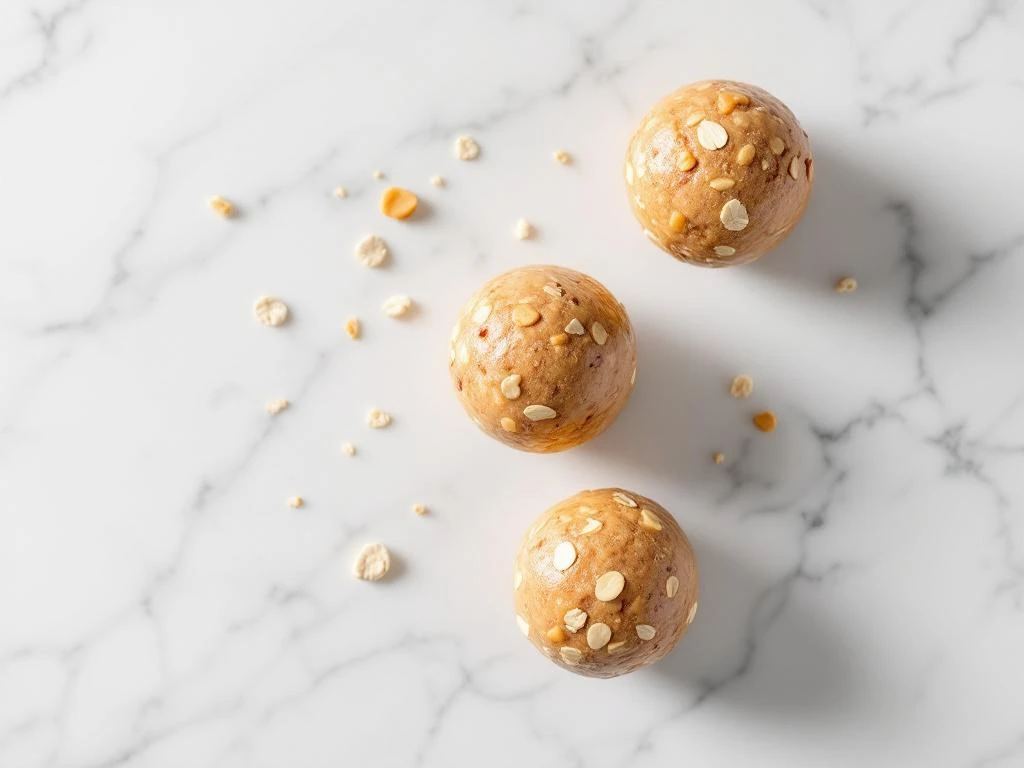 Three round peanut butter protein balls with oats arranged diagonally on white marble surface