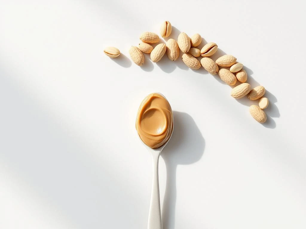 Ceramic spoon filled with smooth peanut butter on white surface with whole peanuts in background