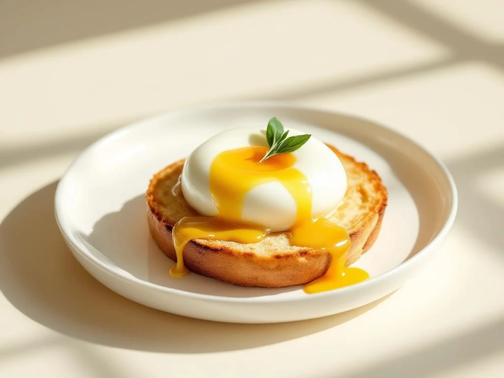 Poached egg with golden yolk and hollandaise sauce on toasted English muffin with herb garnish on white plate