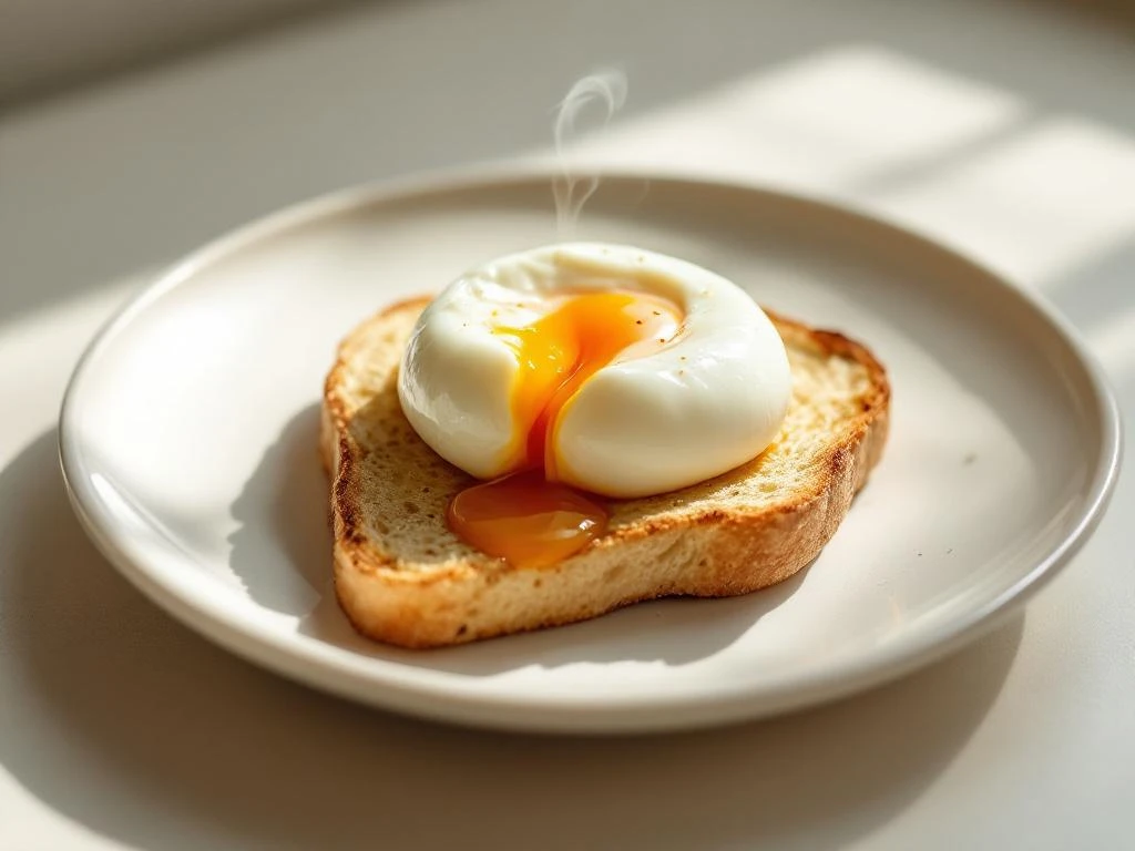 Poached egg with runny yolk on gluten-free artisan toast served on white plate with natural lighting