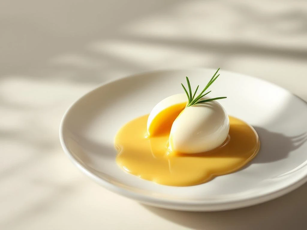 Poached egg with runny yolk and hollandaise sauce on white plate, garnished with fresh chives