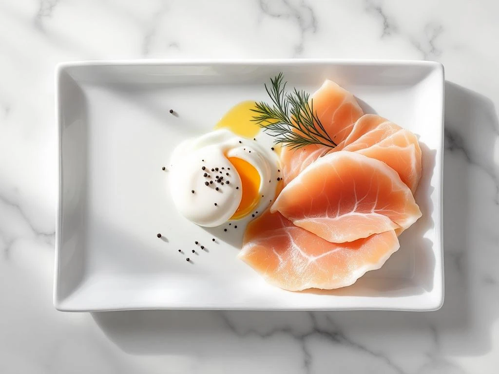 Poached egg with golden yolk and pink smoked trout on white plate, garnished with dill, overhead view on marble surface