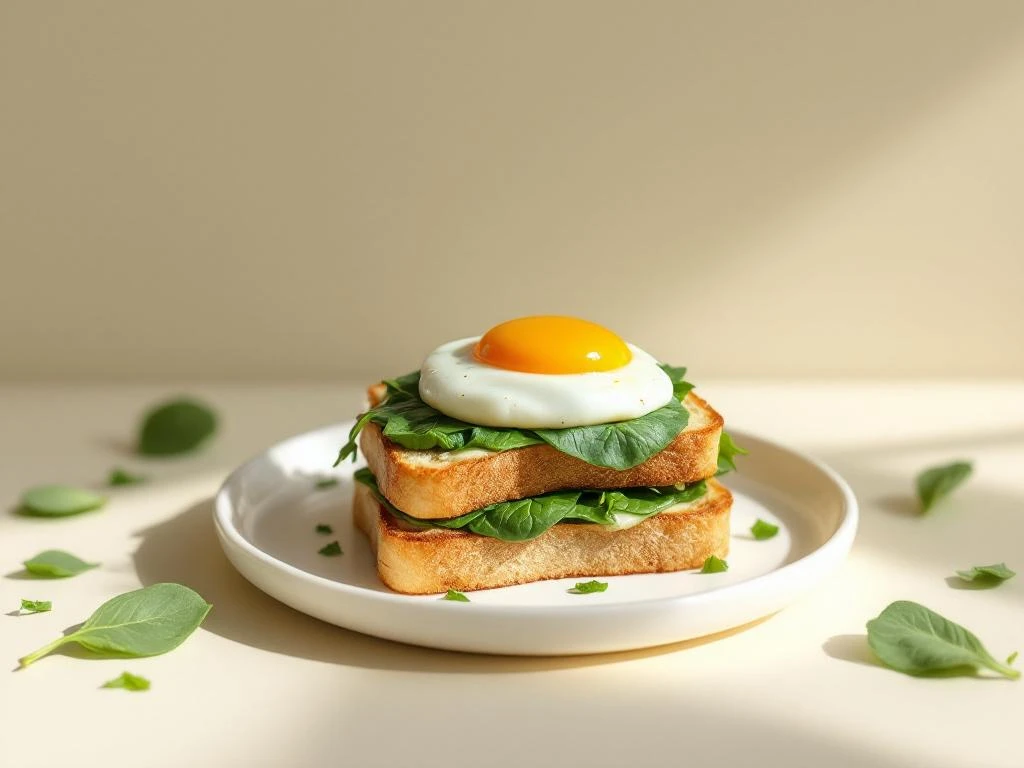 Poached egg with golden yolk on spinach and toast, served on white plate with natural lighting and minimalist styling