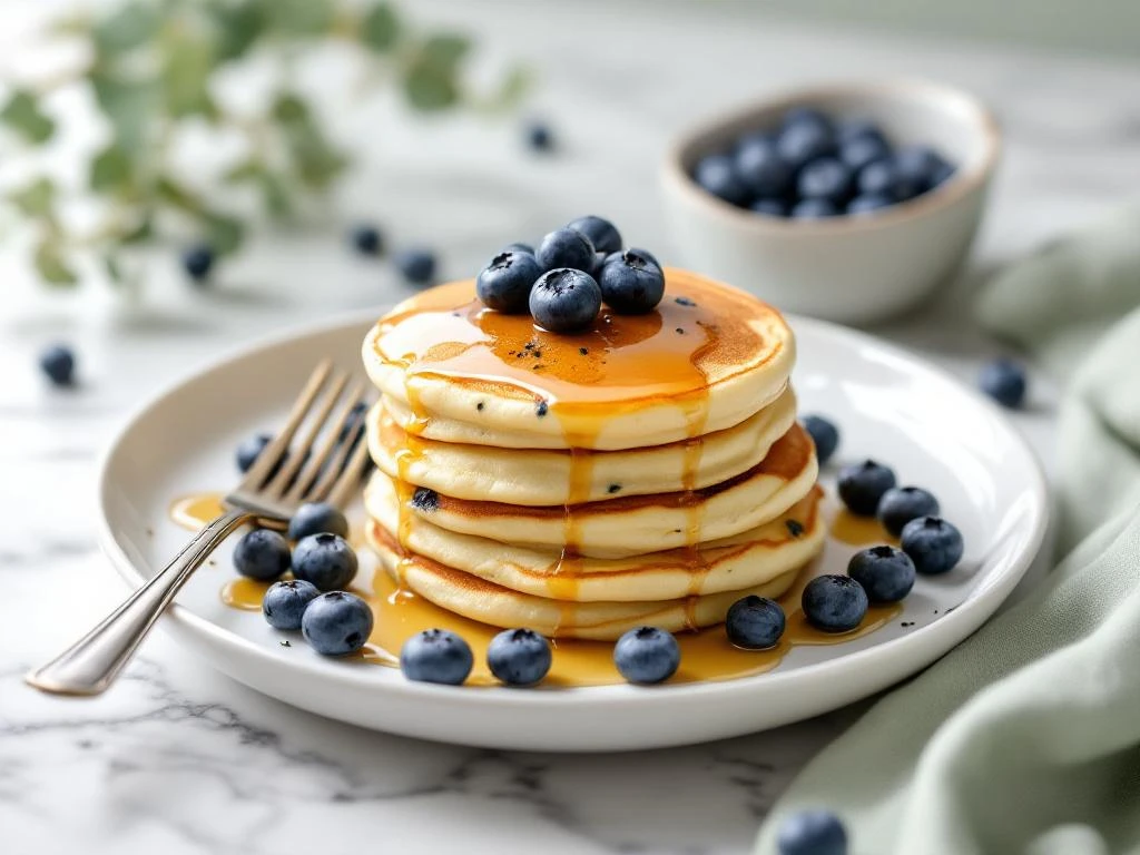 Stack of three golden protein pancakes with fresh blueberries on white plate, drizzled with syrup in natural morning light