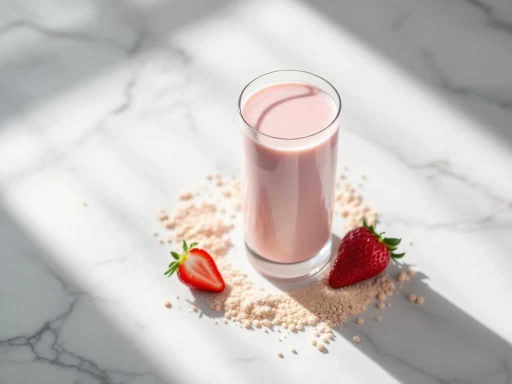 Pale pink protein smoothie in glass on white marble with fresh strawberry and powder granules, overhead view with natural light