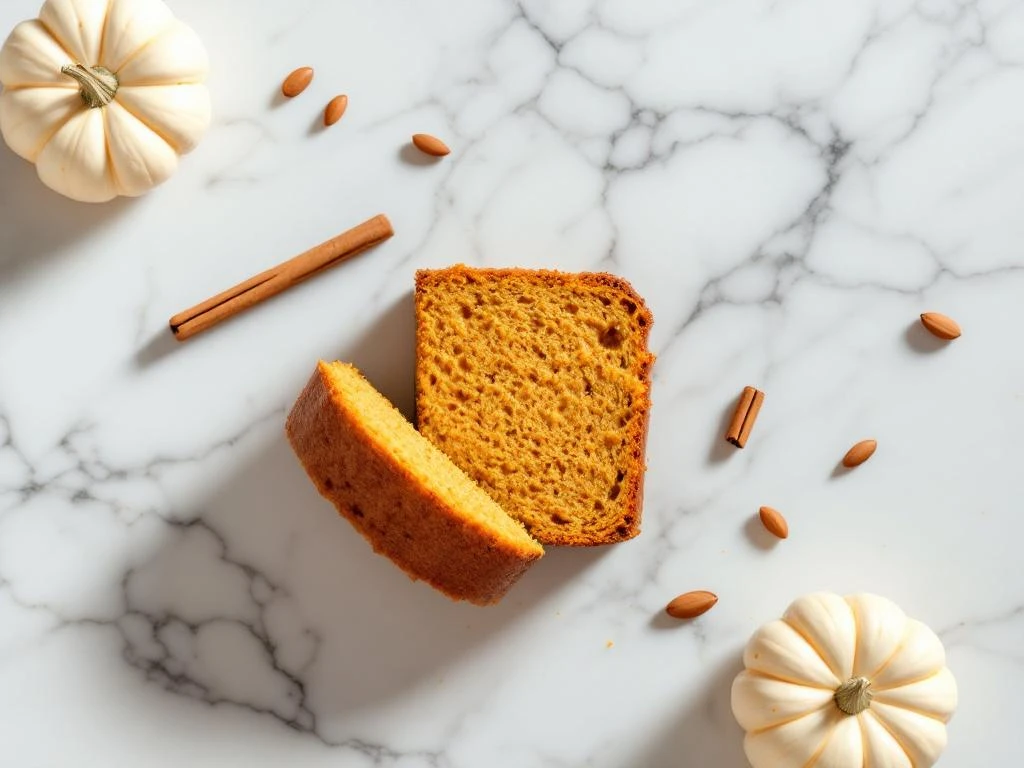 Sliced pumpkin bread loaf on white marble with cinnamon stick and pumpkin seeds, overhead view with natural lighting