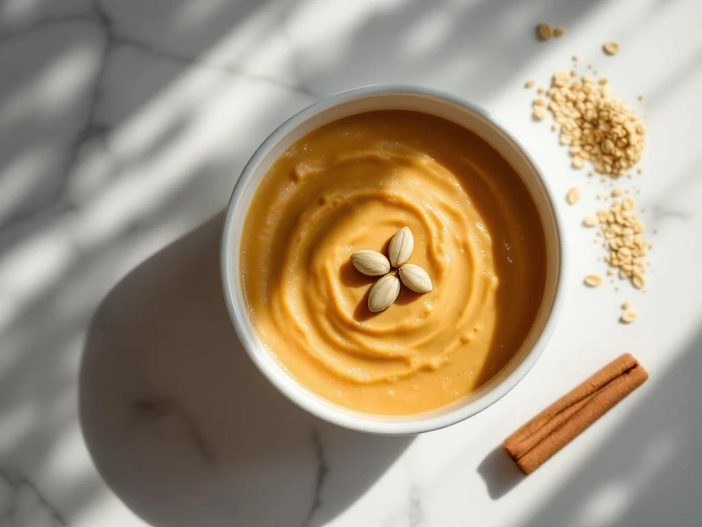 Creamy pumpkin oatmeal in white bowl topped with pumpkin seeds, cinnamon stick and oats on marble surface