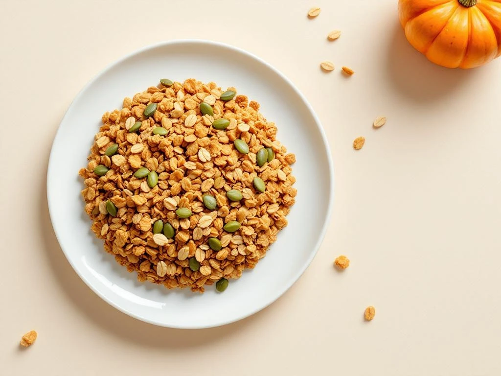 Overhead view of pumpkin seed granola in a circular mound on white plate with scattered clusters on beige background