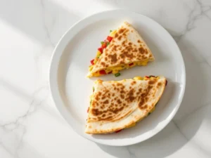 Golden-brown quesadilla cut into triangles on white plate, revealing scrambled eggs and diced vegetables inside