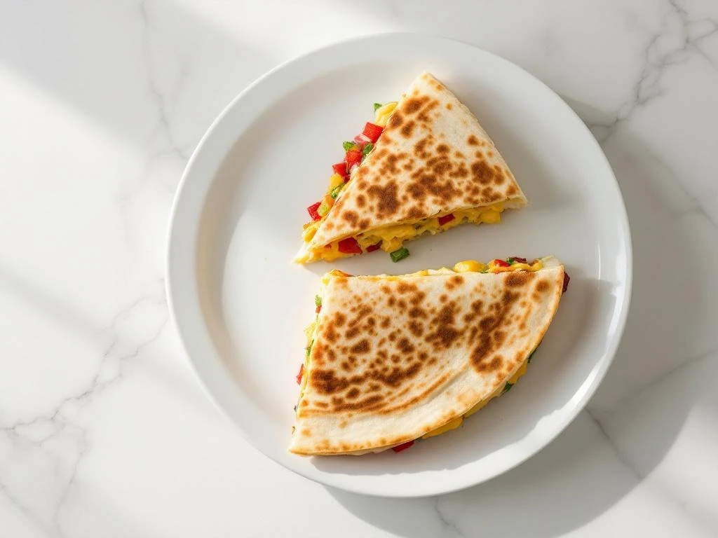 Golden-brown quesadilla cut into triangles on white plate, revealing scrambled eggs and diced vegetables inside