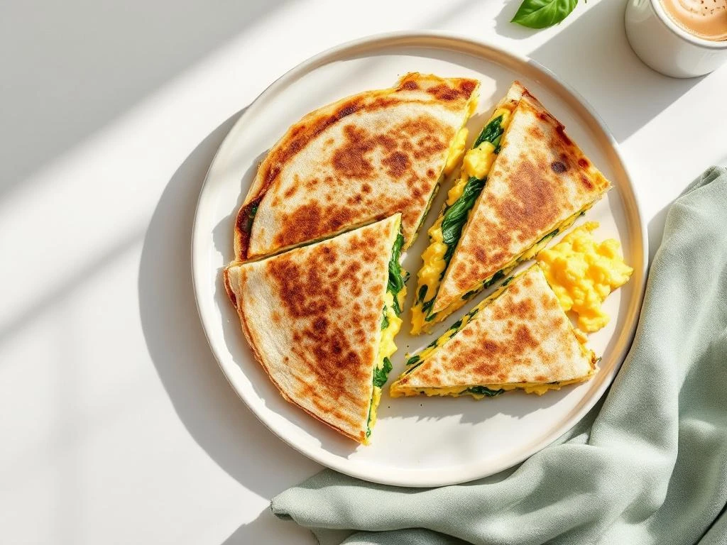 Golden-brown quesadilla cut into triangles on white plate, revealing spinach and scrambled egg filling from overhead view