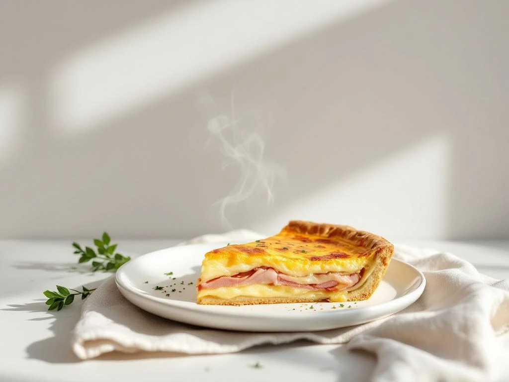 Golden-brown crustless quiche with ham and cheese on white plate, steam rising from cut wedge, garnished with herb sprig