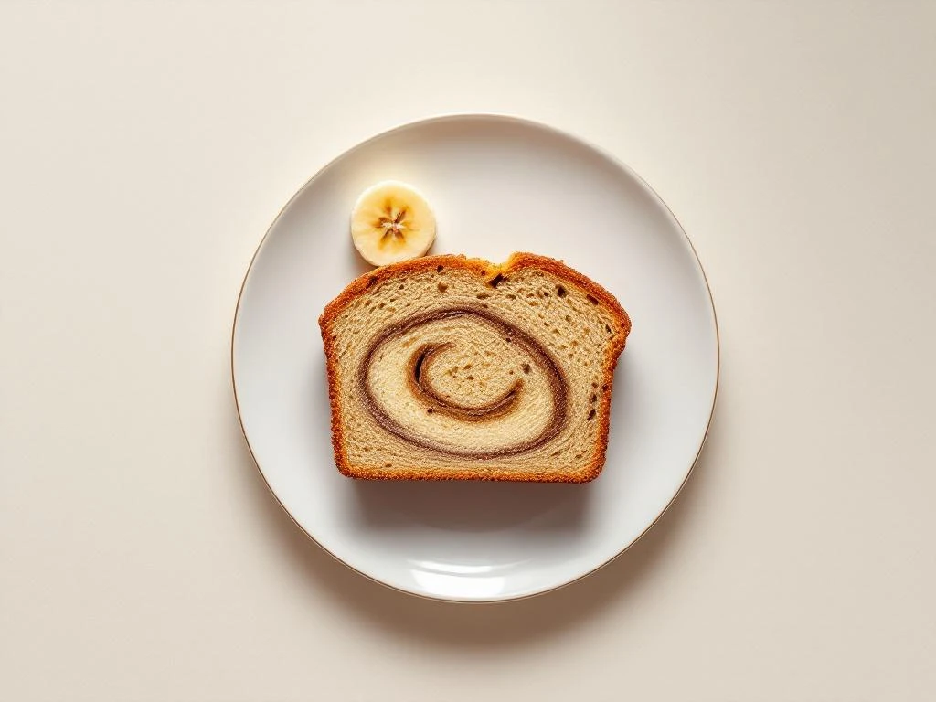 Golden quinoa banana bread slice on white plate with banana garnish, overhead view with natural lighting
---
This alt text is 115 characters and captures the essential visual elements while remaining concise and descriptive for accessibility.