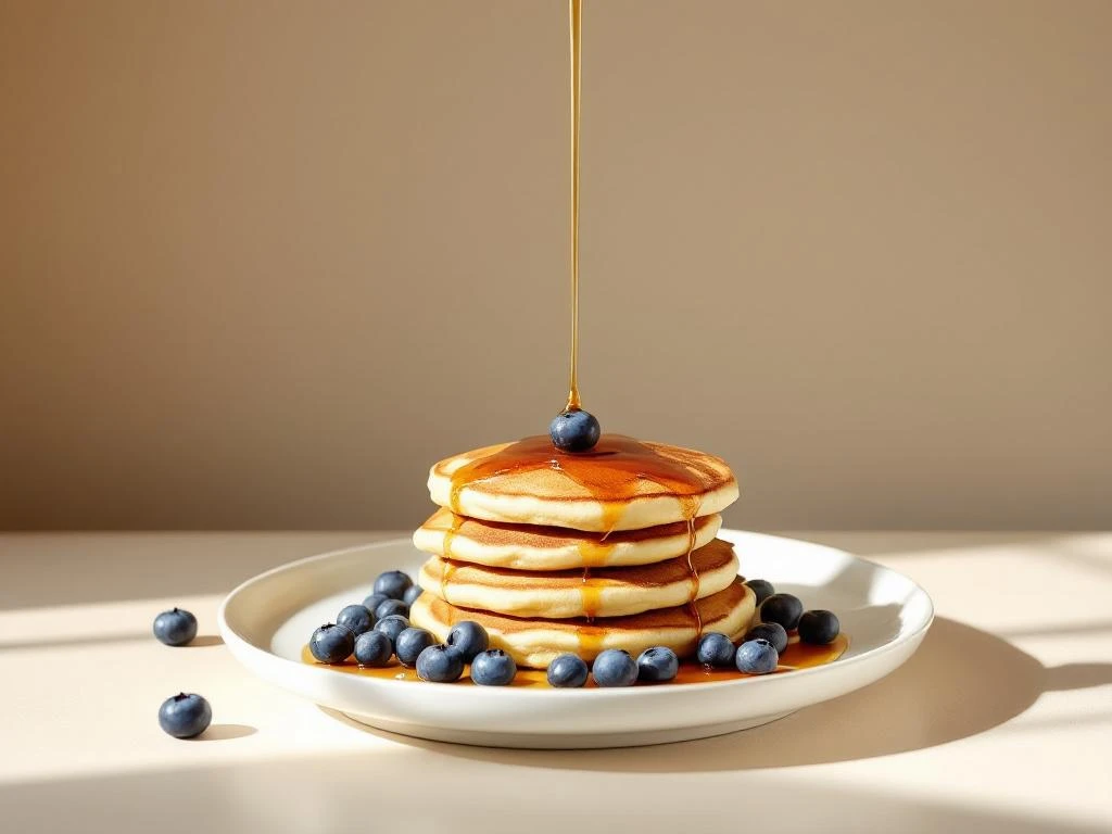 Stack of three golden quinoa-blueberry pancakes with maple syrup drizzle and fresh blueberries on white plate