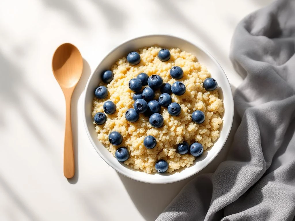 White ceramic bowl of quinoa topped with fresh blueberries, wooden spoon beside, overhead view with natural lighting
