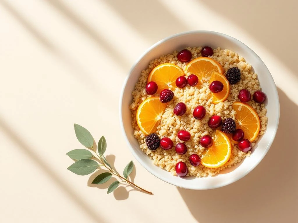 White ceramic bowl with quinoa, orange segments, and cranberries on cream background with geometric shadows