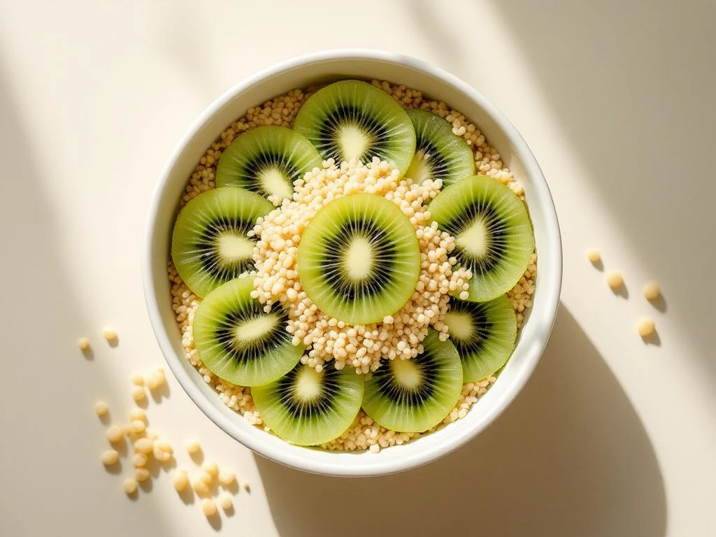 White ceramic bowl of fluffy quinoa topped with geometric kiwi slices, overhead view on ivory background