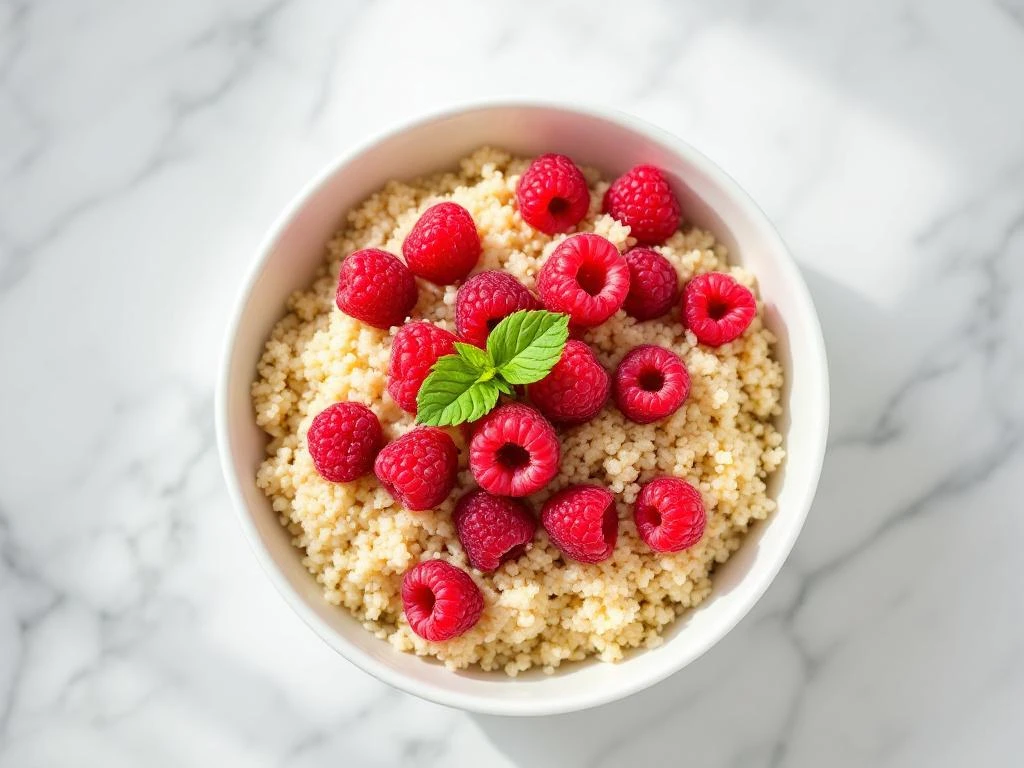 White ceramic bowl of fluffy quinoa topped with fresh raspberries and mint leaf on marble surface with natural lighting