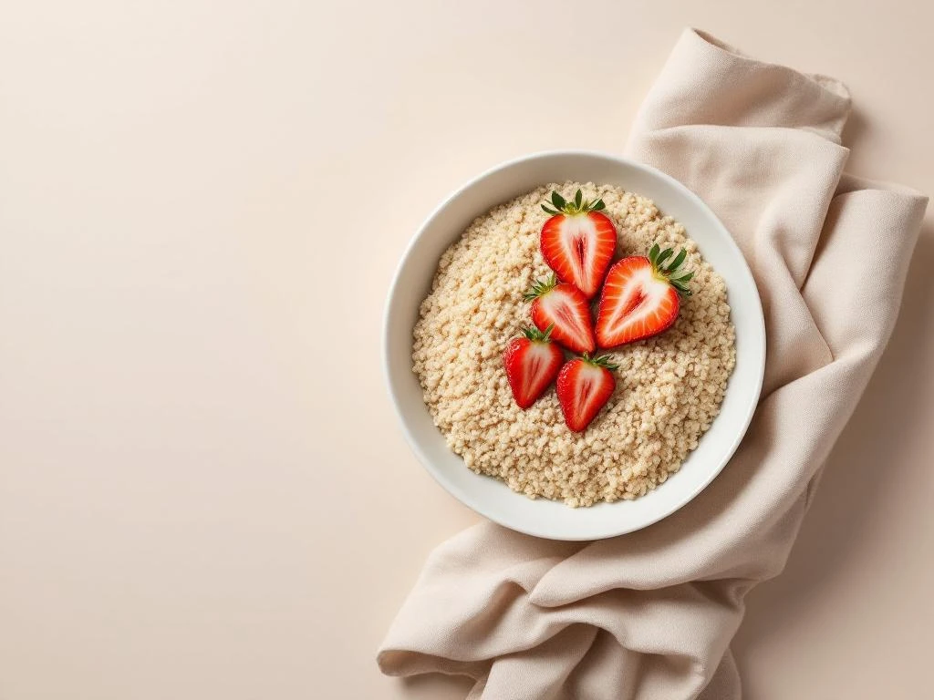 White bowl of quinoa topped with fresh sliced strawberries in geometric pattern on beige background with linen napkin