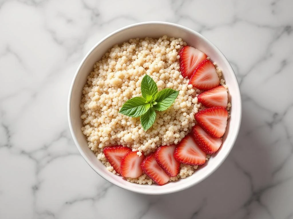 White bowl of quinoa topped with sliced strawberries arranged in geometric pattern on marble surface with mint garnish