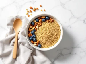 Quinoa breakfast bowl with toasted almonds, walnuts, and fresh blueberries on white marble surface, overhead view